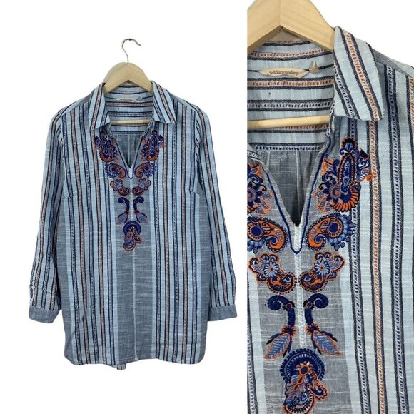Soft Surroundings Medium Aruba Tunic Top Embroidered Stripe Popover Womens - Picture 1 of 16